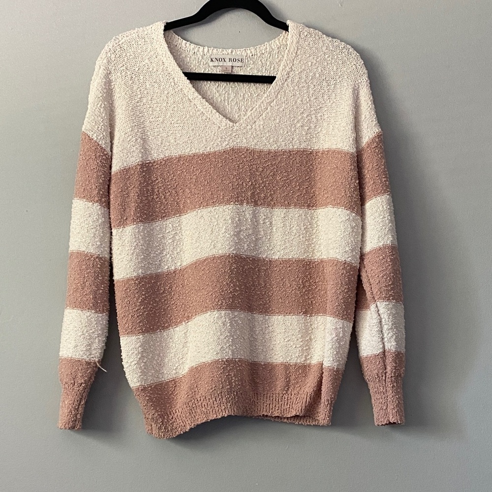 Knox Rose V-Neck Sweater in Cream and Tan Stripes